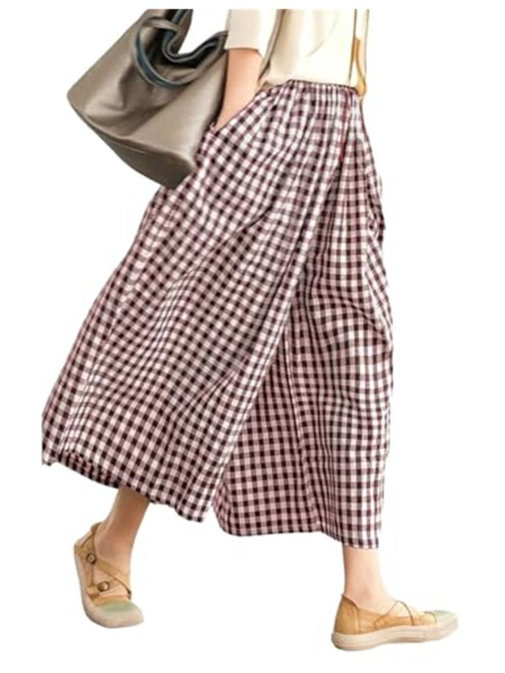 Womens Plaid Wide Leg Capri Pants Gingham Culottes Palazzo Elastic Waist Pockets